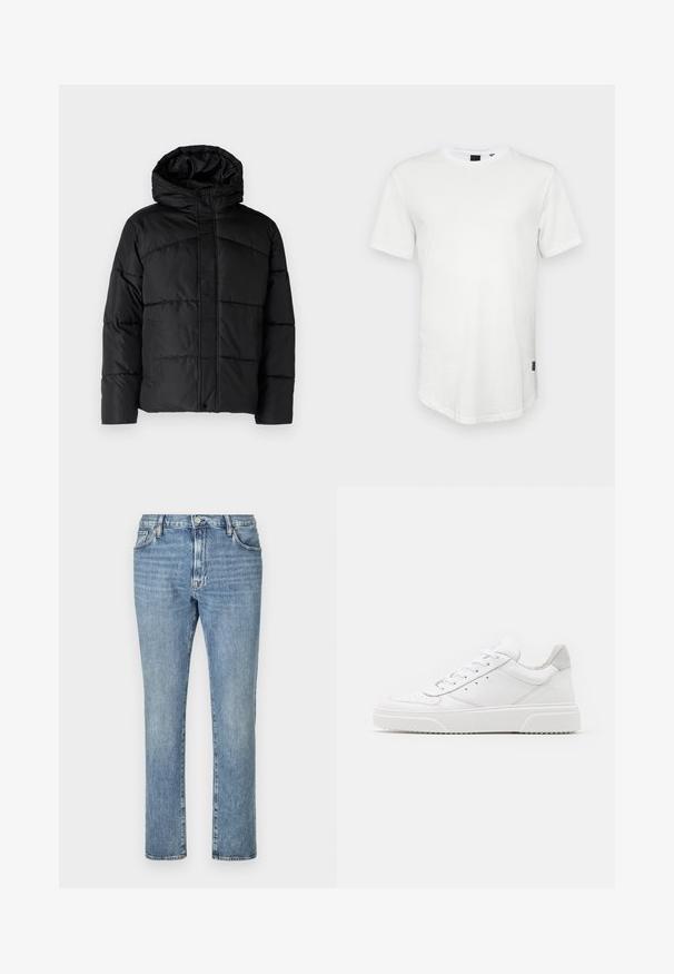 Chaqueta acolchada negra con capucha, que presenta un diseño con acolchados, cierre frontal con cremallera y bolsillos laterales. Textura suave y lisa en toda su superficie.; Camiseta blanca de manga corta hecha de algodón, con un escote redondo y una parte trasera ligeramente alargada, con un pequeño logotipo en el lateral.; Jeans de denim azul claro con un diseño de pierna recta, que cuentan con cinco bolsillos y cierre de botón frontal. Una textura desgastada añade interés visual.; Zapatillas de cuero blanca con un acabado suave, punta redondeada, cordones planos y una suela texturada. Acento de ante gris en el talón.