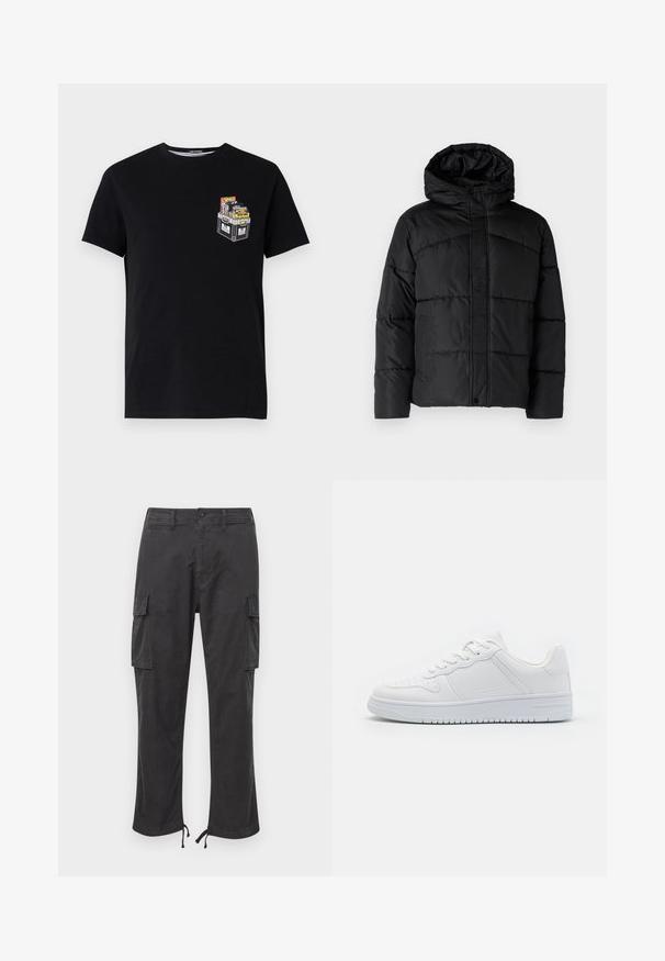 Veste matelassée noire avec capuche, présentant un design en quilt, fermeture éclair sur le devant et poches latérales. Texture douce et lisse sur toute la surface.; T-shirt en coton noir à manches courtes avec un petit graphique d'une caisse remplie d'objets colorés sur la zone gauche de la poitrine.; Pantalons cargo noirs avec deux poches latérales, des poignets ajustables avec cordon de serrage, une fermeture à bouton et une texture de tissu lisse et durable.; Baskets blanches en matière synthétique lisse, avec des lacets plats, une pointe perforée et une semelle en caoutchouc dotée d'un motif de grip texturé.