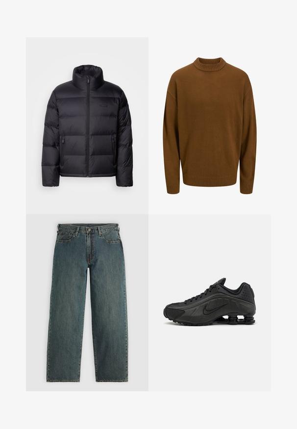 Calvin Klein PUFFER - Páperová bunda - black; Hnedý pletený sveter s rebrovaným výstrihom a manžetami, ktorý má voľný strih a textúrovanú tkaninu. Jednoduchý dizajn bez vzorov.; Tmavomodré džíny s rovnými nohavicami, so zapínaním na gombík a zips, prednými vreckami a pútkami na opasok na svetlošedom pozadí.; Čierne bežecké topánky s hladkým syntetickým zvrškom, perforovanými akcentmi, textúrovanými bočnými panelmi a výraznou pružnou podrážkou.