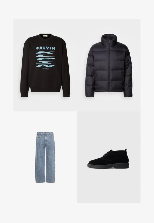 Calvin Klein PUFFER - Páperová bunda - black; Čierna mikina s okrúhlym výstrihom, s modrou grafickou potlačou a textom "CALVIN KLEIN". Rúbkové manžety a lem. Jemný materiál.; Svetlomodré rifle s rovnými nohavicami, predným zapínaním na gombík a zips, pútkami na opasok a dizajnom s piatimi vreckami.; Čierne suede ankle boots s okrúhlou špičkou, šnurovacími detailmi, čiernou gumovou podrážkou a ťahacou slučkou na zadnej strane pre jednoduché obúvanie.