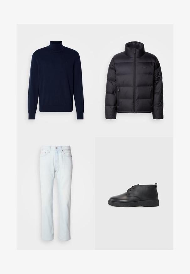 Calvin Klein PUFFER - Chaqueta de plumas - black; Suéter de cuello alto en azul marino hecho de un suave tejido de punto; cuenta con mangas largas y un sutil logo en el pecho; diseño aerodinámico.; Jeans de mezclilla azul claro con corte recto. Cuentan con un cierre de botón y pasadores para cinturón, mostrando una textura desgastada y costuras mínimas.; Botas de tobillo de cuero negro con textura suave, punta redondeada y suela de goma negra. Cuentan con un diseño de cordones y un tirador en el talón para facilitar su uso.