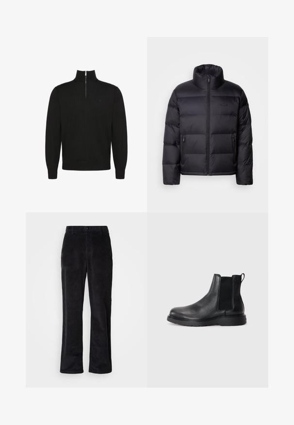Calvin Klein PUFFER - Doudoune - black; Pull noir à manches longues avec fermeture éclair sur le devant jusqu'à mi-hauteur, poignets et bas côtelés, avec un petit logo discret sur la poitrine.; Pantalon en velours côtelé noir foncé avec une coupe droite, doté d'une fermeture à boutons, de passants pour ceinture et de poches latérales pour un port fonctionnel.; Bottes Chelsea en cuir noir avec une finition texturée, des panneaux latéraux élastiques et une semelle en caoutchouc robuste. Branding subtil sur le talon.