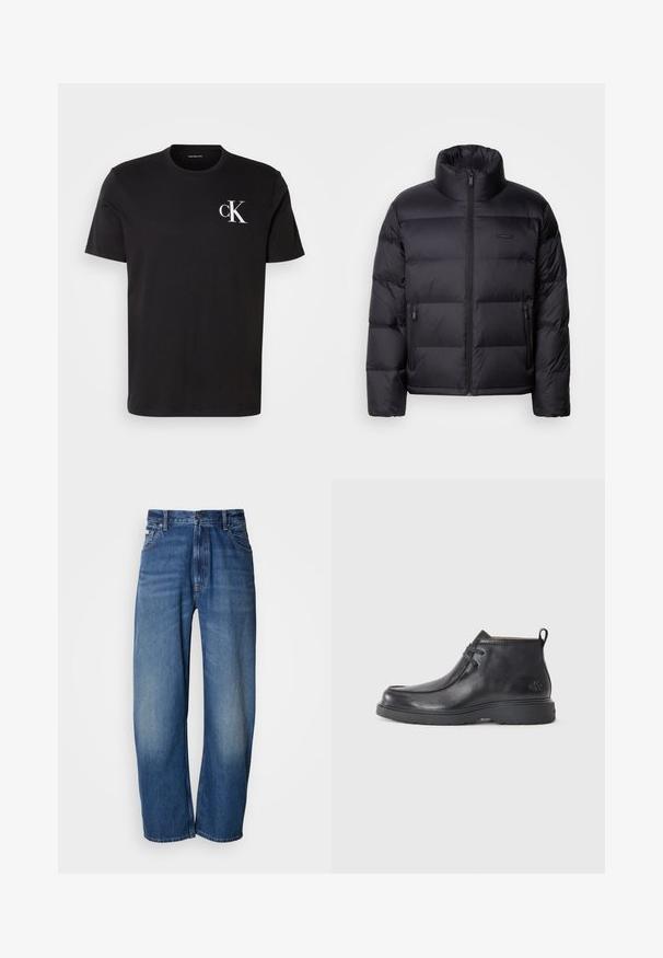 Calvin Klein PUFFER - Μπουφάν με πούπουλα - black; Μαύρη βαμβακερή T-shirt κοντό μανίκι με το λευκό λογότυπο "ck" στο αριστερό στήθος. Στρογγυλή ζωνώ και ευθεία σχεδίαση στις άκρες.; Τζιν με φαρδιά μπατζάκια σε μεσαίο μπλε χρώμα. Διαθέτει φερμουάρ, πέντε τσέπες και ελαφριά ξεθώριασμα για vintage όψη. Κλασικές ραφές λεπτομέρειας.; Μαύρες δερμάτινες μπότες μέχρι τον αστράγαλο με στρογγυλή μύτη, σχέδιο με κορδόνια και λαβή στο πίσω μέρος. Υφή στο πάνω μέρος και ελαστική σόλα.