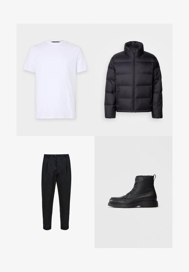 Calvin Klein PUFFER - Páperová bunda - black; Biela bavlnená tričko s krátkymi rukávmi a okrúhlym výstrihom, s jemne embosovaným logom na ľavej hrudi, hladká textúra.; Čierne nohavice z hladkej látky, s plisovaným predným dielom, zúženým strihom a rolled cuffs. Jednoduché zapínanie na gombík v páse.; Čierne štruktúrované kožené členkové čižmy so šnurovaním a hrubou podrážkou, so stiahnutím na zadnej strane, bočný pohľad.