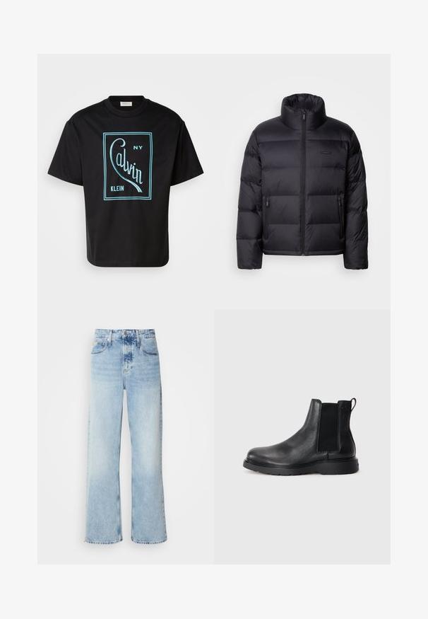 Calvin Klein PUFFER - Dunjakker - black; Sort bomulds T-shirt med et iøjnefaldende turkise grafisk design, der viser "Calvin Klein NY" inden for en rektangulær kontur. Korte ærmer.; Lysblå vide jeans med høj talje, der har en falmet finish, bæltestropper og klassisk fem-lomme design. Kantene er rå.; Sorte læder chelsea støvler med tekstureret finish, elastiske sidepaneler og en robust gummisål. Subtil branding på hælen.