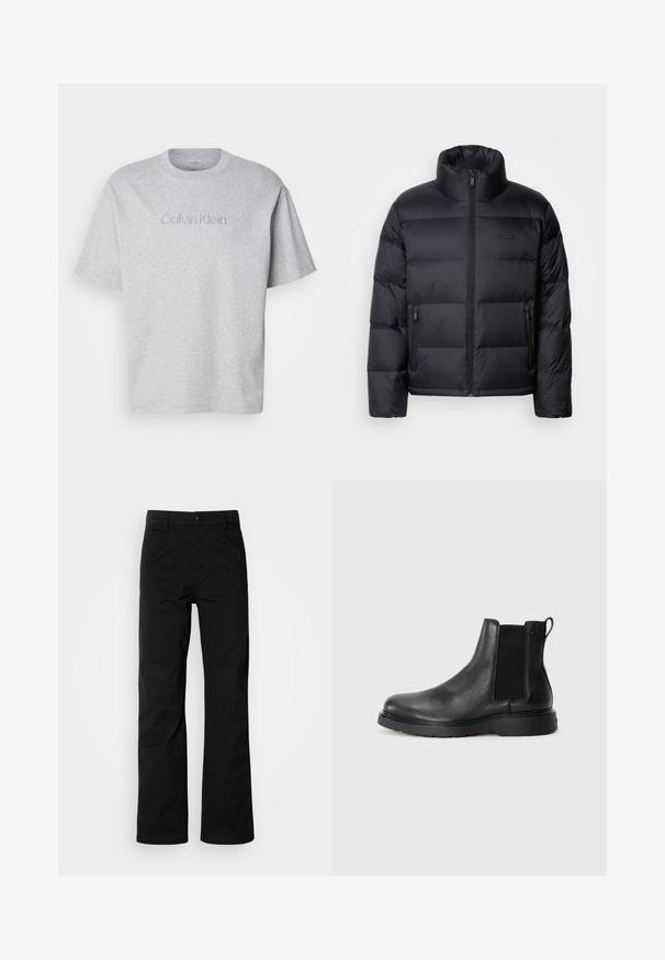 Calvin Klein PUFFER - Páperová bunda - black; Sivý bavlnený tričko s krátkymi rukávmi, s okrúhlym výstrihom a vyšitým logom "Calvin Klein" na prednej strane v subtílnej farbe.; Čierne bavlnené nohavice s rovnými nohavicami, s gombíkovým zapínaním a pútkami na opasok. Hladká textúra a minimalistický štýl bez viditeľných vzorov.; Čierne kožené chelsea čižmy s textúrovaným povrchom, elastickými bočnými panelmi a pevným gumovým podpätkom. Diskrétny branding na päte.