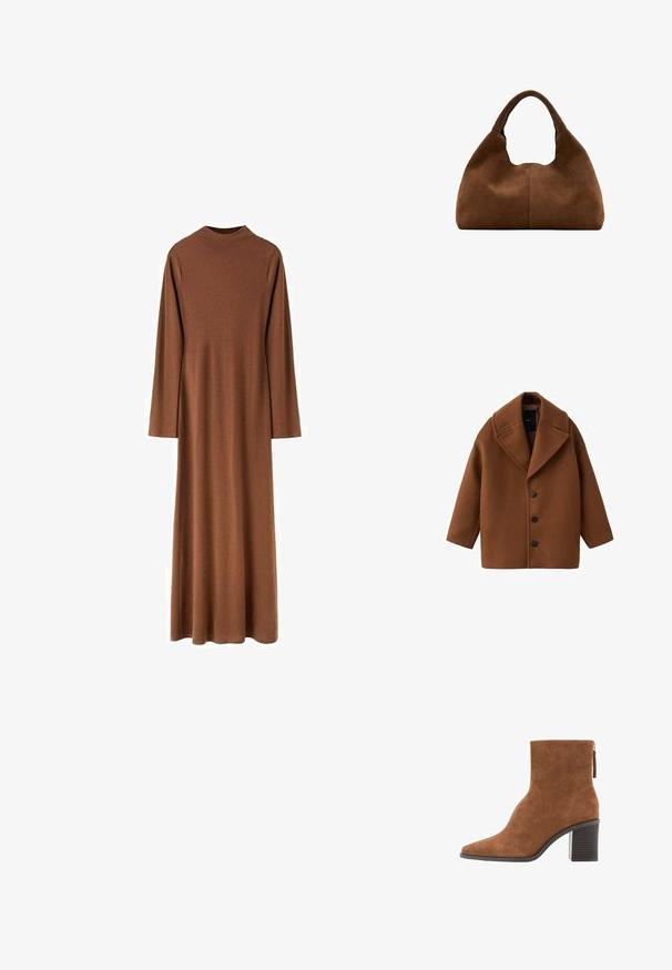 Brauner Wollmantel mit großem Revers, langen Ärmeln und fünf vorderen Knöpfen. Verfügt über ein sauberes, kastiges Design und einen strukturierten Stoff.; Braunes Kleid mit langen Ärmeln, hohem Kragen und knöchellang, aus glattem Stoff mit geradem, lockerem Schnitt.; Braune Wildleder-Ankle Boots mit spitzer Zehe, Blockabsatz und Reißverschluss auf der Rückseite.; Braune Wildleder-Hobo-Tasche mit einem breiten, abgerundeten Griff und einer weichen, lässigen Form vor weißem Hintergrund.
