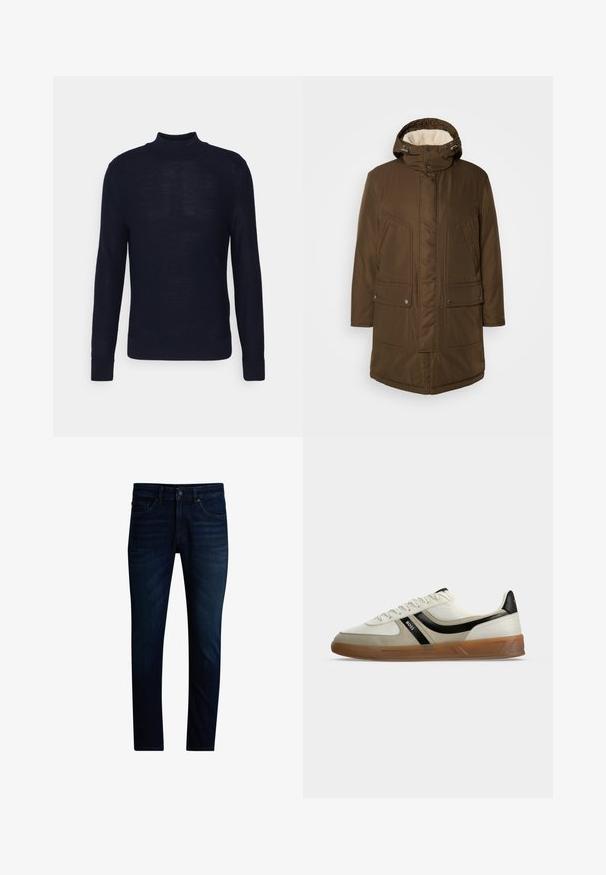 Parka brun isolée avec capuche, dotée d'une douce doublure intérieure, de deux poches avant et d'une coupe droite. Comprend des cordons de cou réglables.; Pull en maille bleu marine avec un col roulé côtelé, des manches longues et un logo subtil à l'avant. Fabriqué dans un tissu lisse et léger.; Jean slim bleu foncé avec fermeture avant par boutons et zip, style cinq poches et légère décoloration sur les cuisses.; Baskets basses blanches et beiges avec détail de rayure noire, semelle en caoutchouc marron et logo BOSS sur le côté, photographiées sur fond blanc.