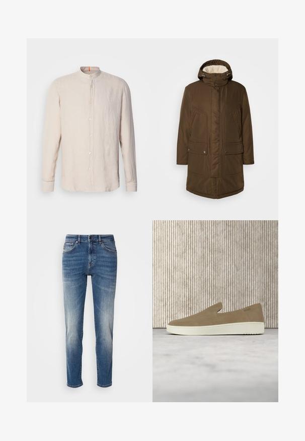 Parka marrón, aislante, con capucha, que cuenta con un suave forro interior, dos bolsillos frontales y un corte recto. Incluye toggles ajustables en el cuello.; Camisa de lino beige claro de manga larga con cuello de banda, cierre frontal de botones y una textura sutil. Presenta un acento naranja en el escote.; Jeans de mezclilla azul con un diseño de pierna recta, ligero desgastado, estilo clásico de cinco bolsillos y cierre de cremallera con botón.; Zapato beige sin cordones con suela blanca, mostrado en el aire sobre una alfombra clara con muebles transparentes de color ámbar al fondo.