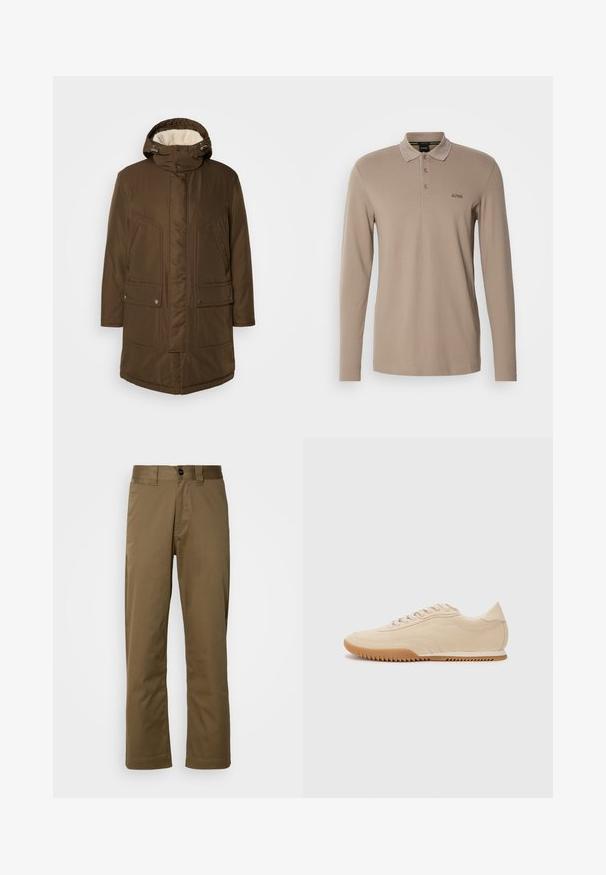 Parka brun isolée avec capuche, dotée d'une douce doublure intérieure, de deux poches avant et d'une coupe droite. Comprend des cordons de cou réglables.; Polo à manches longues en beige clair, fabriqué en coton doux. Doté d'un col classique, d'une patte de boutonnage à trois boutons et d'un logo brodé.; Pantalon marron à jambe droite en tissu tissé. Avec fermeture à bouton, poches latérales et texture lisse. Coupe ajustée.; Baskets en daim beige au design épuré, présentant une tige texturée, un bout rond et une semelle en caoutchouc avec un motif en zigzag.