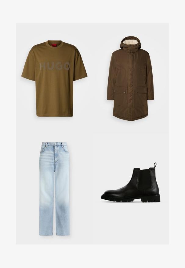 Bruine, geïsoleerde parka met capuchon, voorzien van een zachte binnenvoering, twee voorzakken en een rechte snit. Inclusief verstelbare nekkoordjes.; Olijfgroene katoenen t-shirt met een ronde hals en korte mouwen, met een groot grijs "HUGO" logo op de voorkant gedrukt.; Lichtblauwe, hoog getailleerde, rechte jeans met voorzakken, riemlussen en een knoopsluiting.; Zwarte leren Chelsea enkellaars met dikke grofprofielzool, elastische zijpanelen en trekriempje op een effen achtergrond.