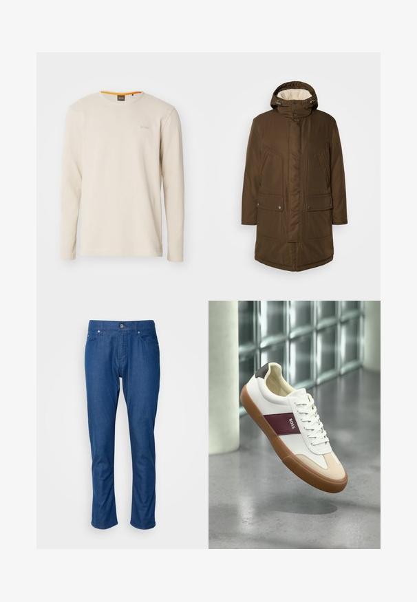 Bruine, geïsoleerde parka met capuchon, voorzien van een zachte binnenvoering, twee voorzakken en een rechte snit. Inclusief verstelbare nekkoordjes.; Lichtbeige langemouwen t-shirt gemaakt van gestructureerde stof. Heeft een ronde hals en een klein logo op de borst met een oranje accent binnen de kraag.; Blauwe denimbroeken met een recht gesneden ontwerp, voorzakken en een enkele knoopsluiting. Soepele textuur met minimale details.; Witte lage sneaker met bruine zool, kastanjebruine streep met het label "BOSS", beige accenten bij de neus en zwarte hiel, zwevend boven een grijze vloer.