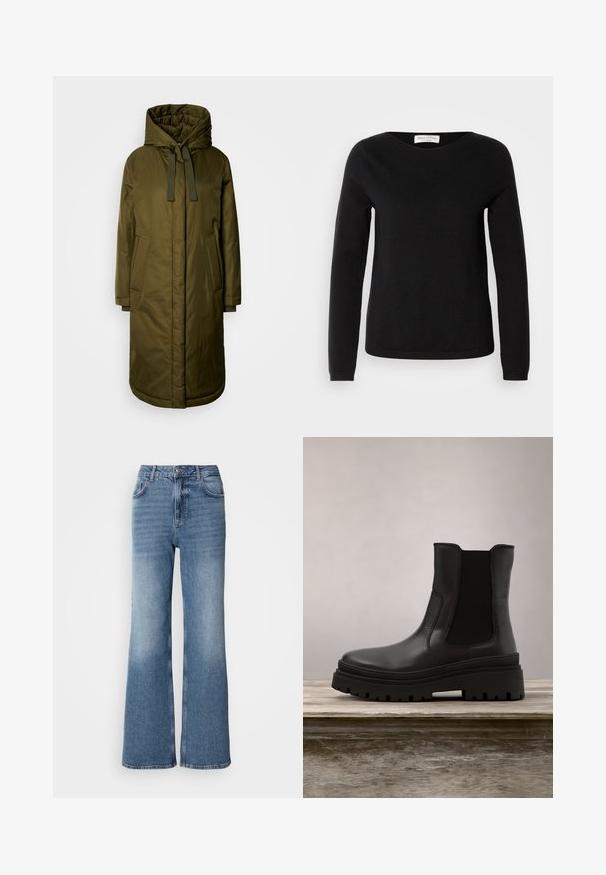 Olivgrüner, gepolsterter langer Mantel mit einer geräumigen Kapuze, Zugband und zwei Seitentaschen. Glatte Textur, gerader Schnitt und abgerundeter Saum.; Marc O'Polo LONGSLEEVE ROUND NECK - Strickpullover - black; Mos Mosh MAI - Jeans Straight Leg - blue wash; Schwarze Leder-Ankle-Boots mit einer robusten Sohle, elastischen Seitenteilen und einer glatten Oberfläche. Erhöhtes Design mit kontrastierenden Profildetails.