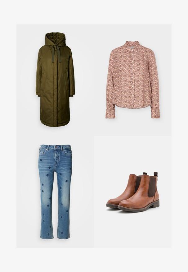 Olijf groene, gevoerde lange jas met een ruime capuchon, trekkoorden en twee zakken aan de zijkant. Gladde textuur, rechte snit en ronde zoom.; Overhemd met lange mouwen en knopen, met een geometrisch patroon in tinten bruin, beige en lichtpaars, met een kraag en manchetten.; Lichtblauwe denim jeans met rechte pijpen, voorzien van marineblauwe bloemenborduurwerk en wassing-effecten nabij de zakken en de zoom.; Bruine leren enkellaarzen met elastische zijkanten, ronde neus en een lage houten hak. Voorzien van een lus voor gemakkelijk aan- en uitrekken.