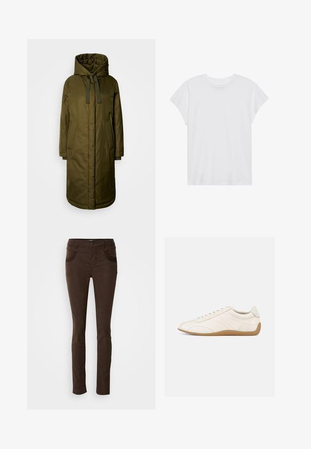 Olivgrüner, gepolsterter langer Mantel mit einer geräumigen Kapuze, Zugband und zwei Seitentaschen. Glatte Textur, gerader Schnitt und abgerundeter Saum.; Weißes kurzärmliges T-Shirt mit Rundhalsausschnitt, lockerer Passform, aus weichem Baumwollstoff. Glatte Textur, keine Muster oder Logos.; Braune, schlank geschnittene Stoffhosen aus Baumwollmischgewebe. Verfügt über eine dekorative Steppnaht an den Fronttaschen, einen Knopfverschluss und eine glatte Textur.; Weißer Ledersneaker mit glatter Textur, abgerundetem Zehenbereich und tonalen Nähten. Verfügt über eine braune Gummisohle und eine Schnürverschluss.