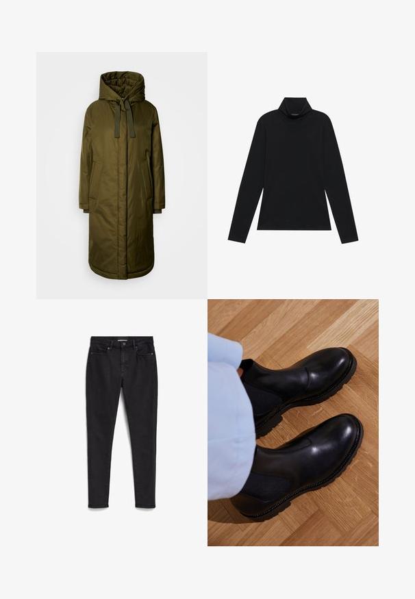 Olijf groene, gevoerde lange jas met een ruime capuchon, trekkoorden en twee zakken aan de zijkant. Gladde textuur, rechte snit en ronde zoom.; Zwarte langetermijn turtleneck. Zachte stof, getailleerd design, hoge kraag en zijnaad. Eenvoudige en veelzijdige stijl die geschikt is voor het laagjes dragen.; Zwarte skinny jeans gemaakt van denim; vijf-pocket ontwerp met een rits en knoopsluiting. Heeft een subtiele textuur en een schone, minimalistische stitching.; Zwarte enkellaarzen van soepel leer met elastische zijpanelen, een getextureerde rubberen zool en contrasterende stiklijnen langs de rand.