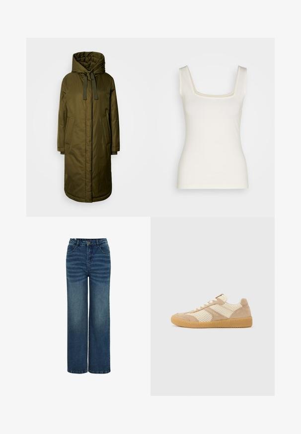 Olijf groene, gevoerde lange jas met een ruime capuchon, trekkoorden en twee zakken aan de zijkant. Gladde textuur, rechte snit en ronde zoom.; Crème-kleurige tanktop met een vierkante halslijn, smalle bandjes en een aansluitende pasvorm. Gemaakt van zachte, rekbare stof. Geen patronen of accenten.; Wijduitlopende jeans in donkerblauw denim, met een hoge taille, voorzakken en subtiele vervagingpatronen langs de benen. Klassieke knoopsluiting.; Beige en crème lage sneaker met mesh- en suède panelen, witte veters en een zool van gumrubber, zijaanzicht op een effen achtergrond.
