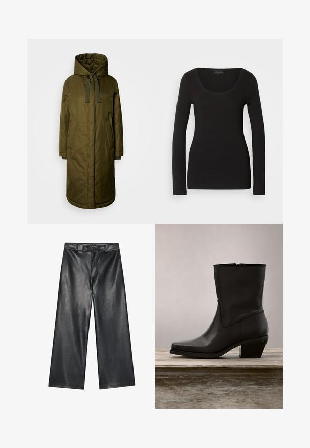 Manteau long en vert olive, rembourré, avec une capuche spacieuse, des cordons de serrage et deux poches latérales. Texture lisse, coupe droite et ourlet arrondi.; Haut noir à manches longues avec un décolleté en U, fabriqué en tissu doux et extensible. Présente une forme ajustée et une texture lisse. Étiquette de marque visible.; Pantalons en cuir noir largement coupés avec une texture lisse, des passants de ceinture et une fermeture éclair à l'avant. Présente un ajustement lâche et des détails de couture soignés.; Bottine en cuir noir avec un bout pointu, un petit talon carré, une texture lisse et un détail de couture minimaliste. Fermeture éclair visible à l'arrière.