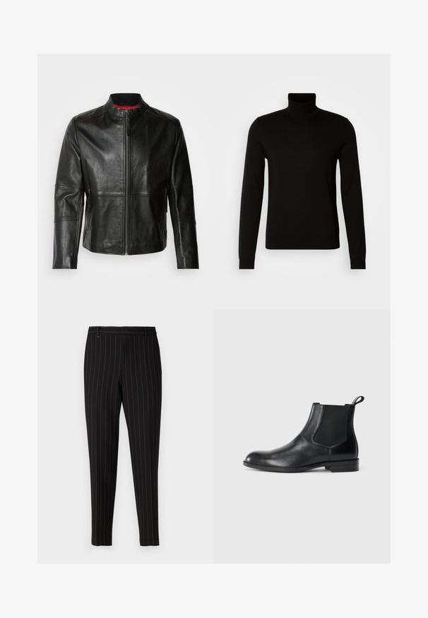 Chaqueta de cuero negra con cuello alto, cremallera frontal y dos bolsillos laterales con cremallera. Textura suave con detalles de costura.; Suéter negro de cuello alto confeccionado en un tejido de punto fino, con mangas largas y una silueta ajustada. Textura suave con puños acanalados.; Pantalones negros con finas rayas verticales, ajuste entallado, bolsillos frontales y trabillas para cinturón. Hechos de una tela suave y texturizada.; Botín negro de cuero hasta el tobillo con paneles elásticos a los lados, punta redondeada y lengüeta. Textura suave, suela plana, diseño minimalista.