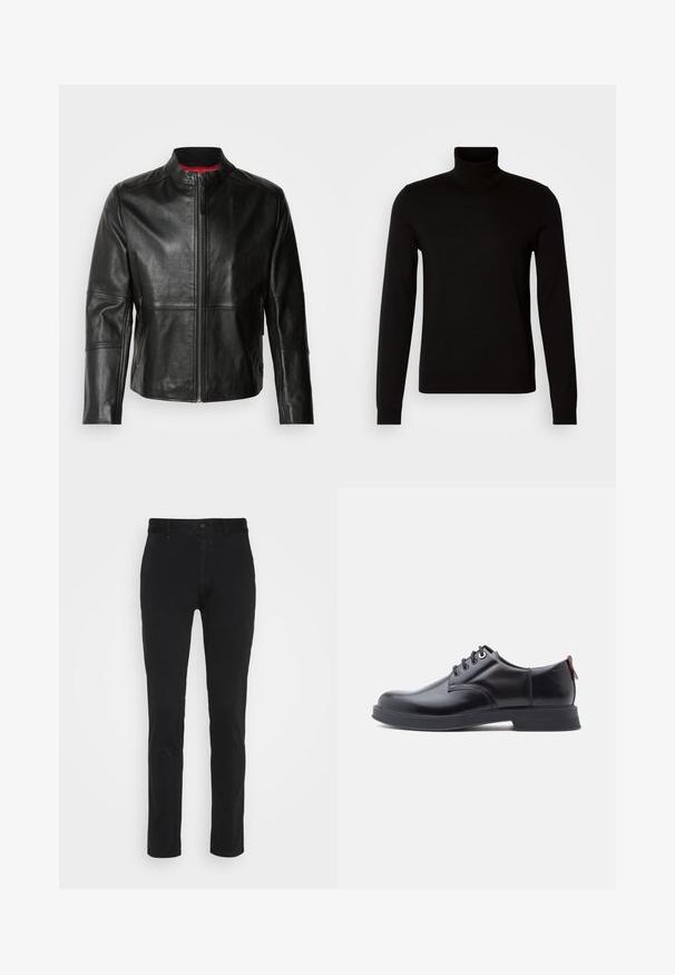 Sort læderjakke med stående krave, frontlynlås og to sidelommer med lynlås. Glat tekstur med syede detaljer.; Sort turtleneck sweater lavet af et fint strikket stof, der har lange ærmer og en tætsiddende silhuet. Glat tekstur med ribbede manchetter.; Sorte bomulds chinos med slim fit, der har en standard talje, forlommer og en enkelt baglomme. Glat tekstur og minimal dekoration.; Sorte snørestøvler i læder med glat tekstur, rundet tå og diskrete syningsdetaljer. Har en rød trækflig på hælen.