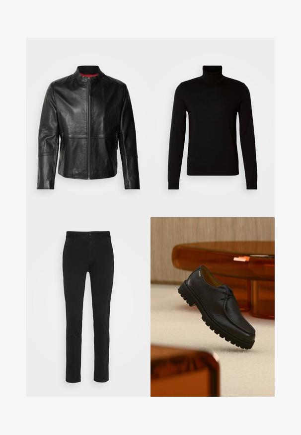 Chaqueta de cuero negra con cuello alto, cremallera frontal y dos bolsillos laterales con cremallera. Textura suave con detalles de costura.; Suéter negro de cuello alto confeccionado en un tejido de punto fino, con mangas largas y una silueta ajustada. Textura suave con puños acanalados.; Chinos de algodón negros con un corte ajustado, que cuentan con una cintura estándar, bolsillos frontales y un solo bolsillo trasero. Textura suave y detalles mínimos.; Zapato negro de cuero con textura, con cordones y suela gruesa con relieves, con la marca "HUGO" cerca del talón, exhibido sobre una alfombra beige y junto a un mueble color ámbar.