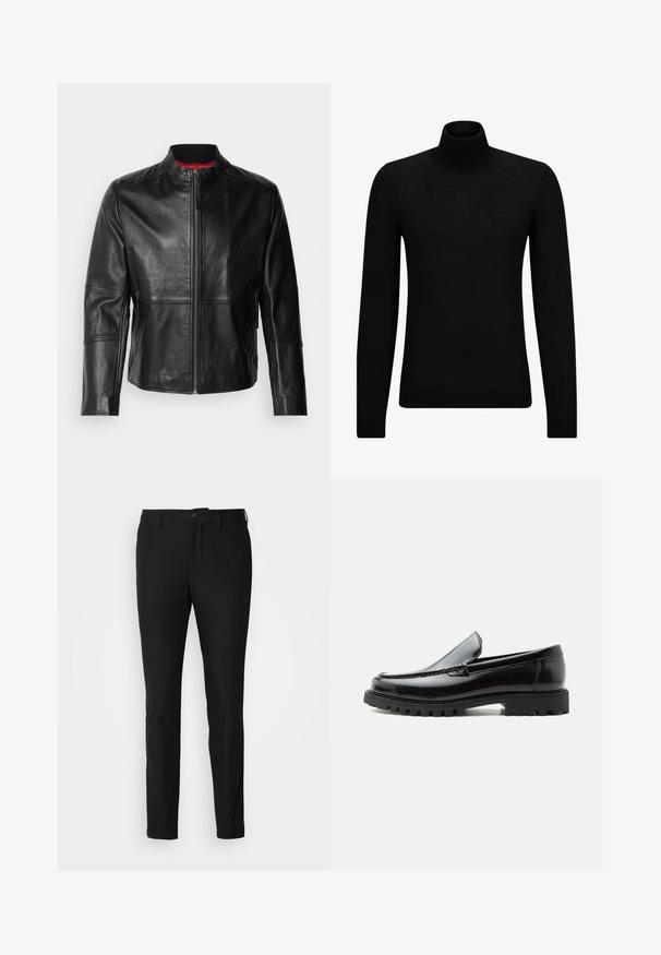 Chaqueta de cuero negra con cuello alto, cremallera frontal y dos bolsillos laterales con cremallera. Textura suave con detalles de costura.; Jersey de cuello alto negro hecho de un material suave, con mangas largas y un ajuste ceñido. Ribete acanalado en el dobladillo y los puños. Diseño simple.; Pantalones negros de corte ajustado, con cierre de botón, cremallera y dos bolsillos frontales. Tejido suave con un acabado mate.; Mocasín de cuero negro con suela de goma gruesa, empeine cosido y nombre de la marca en relieve en el talón, mostrado en perfil lateral sobre fondo blanco.