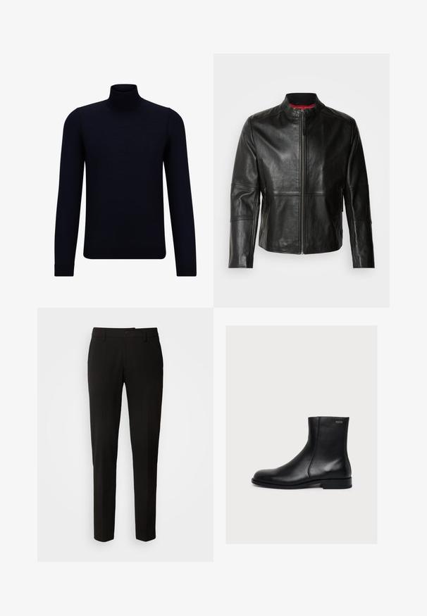 Sort læderjakke med stående krave, frontlynlås og to sidelommer med lynlås. Glat tekstur med syede detaljer.; Mørkeblå turtleneck sweater lavet af fint strikstof, med lange ærmer og en tætsiddende, høj halsudskæring. Ingen synlige mønstre eller detaljer.; Sorte bukser med lige ben design, der har knaplukning, bæltestropper og en glat stofstruktur. Ingen synlige mønstre eller accenter.; Sort glat læderankelstøvle med lav hæl og sidelukning med lynlås, mærket Hugo nær den øverste kant.