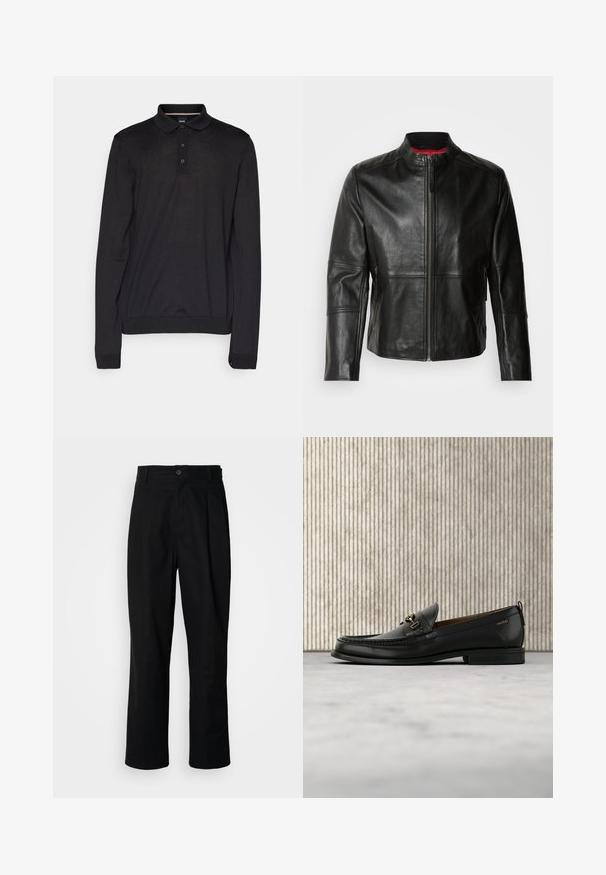 Chaqueta de cuero negra con cuello alto, cremallera frontal y dos bolsillos laterales con cremallera. Textura suave con detalles de costura.; Camisa polo negra de manga larga hecha de tejido suave, con un cuello clásico, placket de tres botones y puños y dobladillo acanalados.; Pantalones rectos negros con cintura con botones, trabillas para cinturón y pliegue frontal, exhibidos sobre un fondo blanco liso.; Mocasín de cuero negro con pieza metálica dorada y logotipo "HUGO", exhibido sobre una alfombra beige y muebles translúcidos marrones.