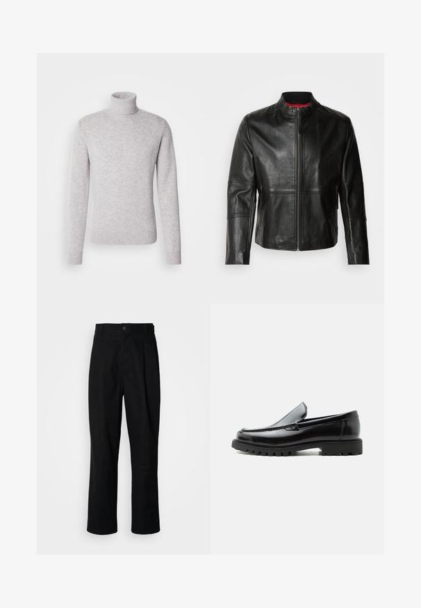 Sort læderjakke med stående krave, frontlynlås og to sidelommer med lynlås. Glat tekstur med syede detaljer.; Lys grå turtleneck sweater lavet af blødt strikket stof. Har ribbede kanter ved hals og ærmer. Klassisk, tætsiddende form med lange ærmer.; Sorte lige ben bukser med en knaplukket talje, bæltestropper og en frontfold, præsenteret mod en ensfarvet hvid baggrund.; Sort læderloafer med chunky gummisål, syet overdel og præget mærkenavn på hælen, vist i sideprofil på hvid baggrund.
