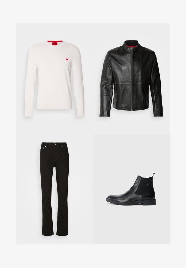 Chaqueta de cuero negra con cuello alto, cremallera frontal y dos bolsillos laterales con cremallera. Textura suave con detalles de costura.; Suéter de cuello redondo blanco con mangas largas, hecho de un tejido suave. Presenta un pequeño parche de logo rojo en el pecho y una etiqueta contrastante roja en el cuello.; Jeans de denim negro con diseño de pierna recta, que cuentan con bolsillos frontales, una cremallera y acentos de hardware plateado. Textura suave, sin patrones.; Botines Chelsea de cuero negro con paneles elásticos laterales, una pestaña para tirar y una suela de goma plana. Textura suave con un detalle mínimo.