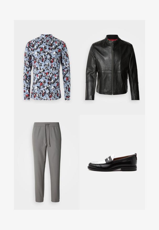 Veste en cuir noir avec col montant, fermeture éclair à l'avant et deux poches zippées sur les côtés. Texture lisse avec des détails cousus.; Chemise à manches longues à boutons, de couleur bleu clair avec un motif floral en rouge, noir et blanc. Dispose d'un col et d'une fermeture à boutons à l'avant.; Pantalon gris léger avec une taille élastique et un cordon de serrage ajustable, présentant une coupe droite et des ourlets avec revers.; Mocassin en cuir noir et blanc avec des détails cousus, un petit talon et un design slip-on, présenté de profil sur un fond uni.