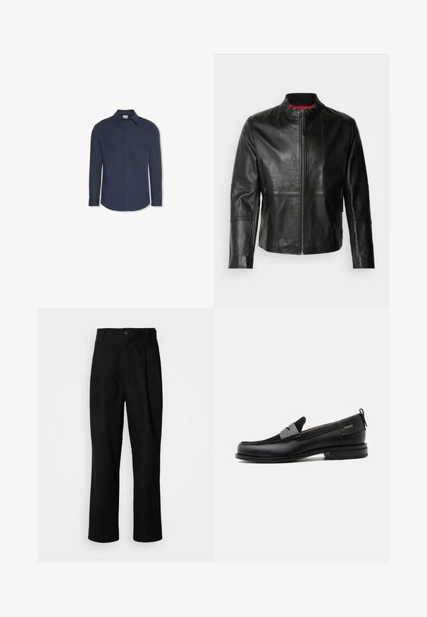 Zwarte leren jas met een staande kraag, voorkant met rits en twee zijzakken met ritssluiting. Gladde textuur met gestikte details.; Navyblauw hemd met lange mouwen, knopen, kraag en manchetten, met een Calvin Klein-label aan de binnenkant van de kraag.; Zwarte rechte broek met een knoopsluiting, lusjes voor een riem en een voornaad, gepresenteerd tegen een effen witte achtergrond.; Zwarte leren loafer met grijs riemdetailelement, lage hak en gestructureerde zool, aan de zijkant gebrandmerkt met "HUGO" in goud.