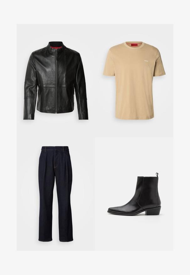 Zwarte leren jas met een staande kraag, voorkant met rits en twee zijzakken met ritssluiting. Gladde textuur met gestikte details.; Beige katoenen t-shirt met een ronde hals, korte mouwen en een klein wit "HUGO" logo op de borst. Een gladde textuur zonder patronen.; Donkerblauwe denim jeans met wijde pijpen, inclusief voorplooien en oranje stiksels, weergegeven op een witte achtergrond.; Zign by Zalando LEATHER - Cowboy-/Bikerlaarsjes - black
