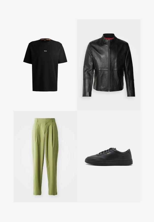 Sort læderjakke med stående krave, frontlynlås og to sidelommer med lynlås. Glat tekstur med syede detaljer.; Sort bomulds t-shirt med rund halsudskæring, korte ærmer og hvid "BOSS" logo centreret på brystet. Glat tekstur, afslappet pasform.; Lys grønne bukser lavet af et struktureret stof, med en lige form, folder foran og en standard talje.; Sorte lædersneakers med en glat overflade, rund tå, flad gummisål og tonede snørebånd. Udstyret med guld "BOSS" branding på siden.
