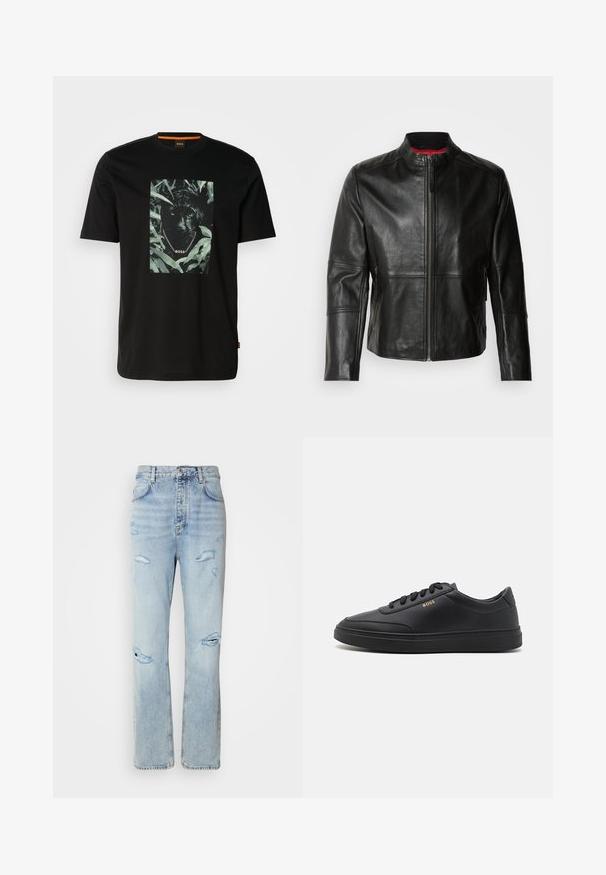 Veste en cuir noir avec col montant, fermeture éclair à l'avant et deux poches zippées sur les côtés. Texture lisse avec des détails cousus.; T-shirt en coton noir avec un graphisme central d'un panthère entourée de feuilles, avec un col en chaîne et le texte "BOSS". Manches courtes.; Jean en denim délavé avec une coupe décontractée, présentant des zones déchirées et des bords effilochés. Le tissu a une texture douce et lisse.; Baskets en cuir noir avec une texture lisse, bout rond, semelle en caoutchouc plate et lacets ton sur ton. Présente une marque "BOSS" dorée sur le côté.