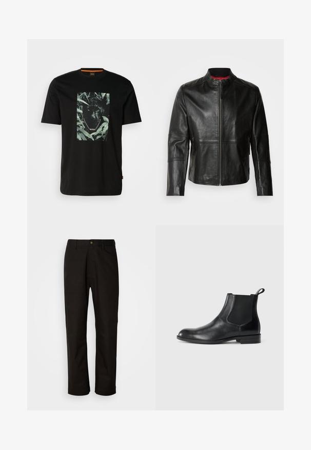Sort læderjakke med stående krave, frontlynlås og to sidelommer med lynlås. Glat tekstur med syede detaljer.; Sort bomulds t-shirt med et centralt grafik af en panter omgivet af blade, med en kædekrave og "BOSS" tekst. Korte ærmer.; Sorte bomuldsbukser med lige pasform, bæltestropper, lynlås foran og en enkelt knappelukning. Glat tekstur uden synlige mønstre.; Sorte læder ankelstøvler med elastiske sidepaneler, rund tå og en trækloft. Glat tekstur, flad sål, minimalistisk design.