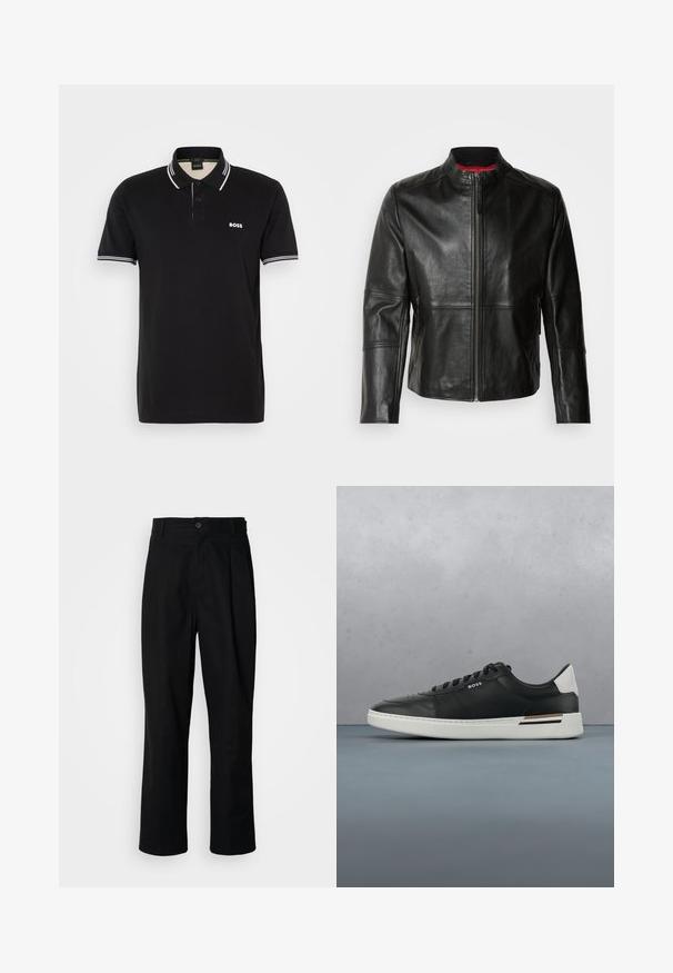 Zwarte leren jas met een staande kraag, voorkant met rits en twee zijzakken met ritssluiting. Gladde textuur met gestikte details.; Zwarte polo met een klein wit logo. Heeft twee knopen, een contrasterende kraag en mouwstrepen in het wit. Gemaakt van zachte stof.; Zwarte rechte broek met een knoopsluiting, lusjes voor een riem en een voornaad, gepresenteerd tegen een effen witte achtergrond.; Zwarte leren sneaker met witte zool, voorzien van perforaties, vetersluiting, logo aan de zijkant en contrasterend hieldetail in wit en bruin.