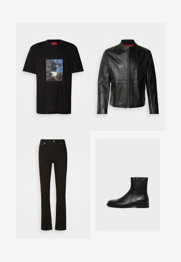 Zwarte leren jas met een staande kraag, voorkant met rits en twee zijzakken met ritssluiting. Gladde textuur met gestikte details.; Zwarte Hugo-t-shirt met een graphic van een vrouw die op de vloer zit in een donkere kamer met een blauwachtige achtergrond, en de tekst "HUGO" erboven.; Zwarte denim jeans met een recht model, voorzien van voorzakken, een rits en zilveren hardware accenten. Soepele textuur, zonder patronen.; Zwarte gladde lederen enkellaars met lage hak en zijrits, gelabeld Hugo vlak bij de bovenrand.