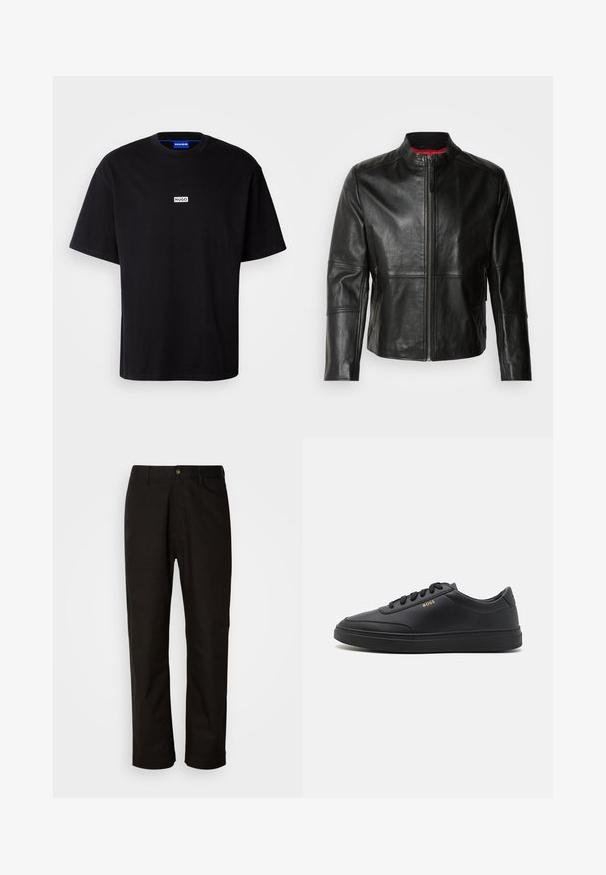 Sort læderjakke med stående krave, frontlynlås og to sidelommer med lynlås. Glat tekstur med syede detaljer.; Sort bomulds t-shirt med rund hals, korte ærmer og et hvidt rektangulært "HUGO" logo på brystet. Glat overflade, afslappet pasform.; Sorte bomuldsbukser med lige pasform, bæltestropper, lynlås foran og en enkelt knappelukning. Glat tekstur uden synlige mønstre.; Sorte lædersneakers med en glat overflade, rund tå, flad gummisål og tonede snørebånd. Udstyret med guld "BOSS" branding på siden.