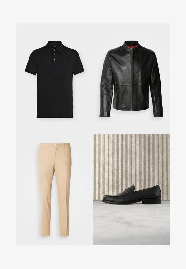 Zwarte leren jas met een staande kraag, voorkant met rits en twee zijzakken met ritssluiting. Gladde textuur met gestikte details.; Zwarte slim-fit poloshirt met drie knopen, korte mouwen en een subtiel "BOSS"-logo op de borst en binnen de kraag.; Beige op maat gemaakte broeken van textuurstof, met een rechte pijpenontwerp, een dubbele plooi aan de voorkant en een enkele knoopsluiting in de taille.; Zwarte leren loafer zweeft boven een beige tapijt met op de achtergrond een glanzende, ronde, bruine tafel.