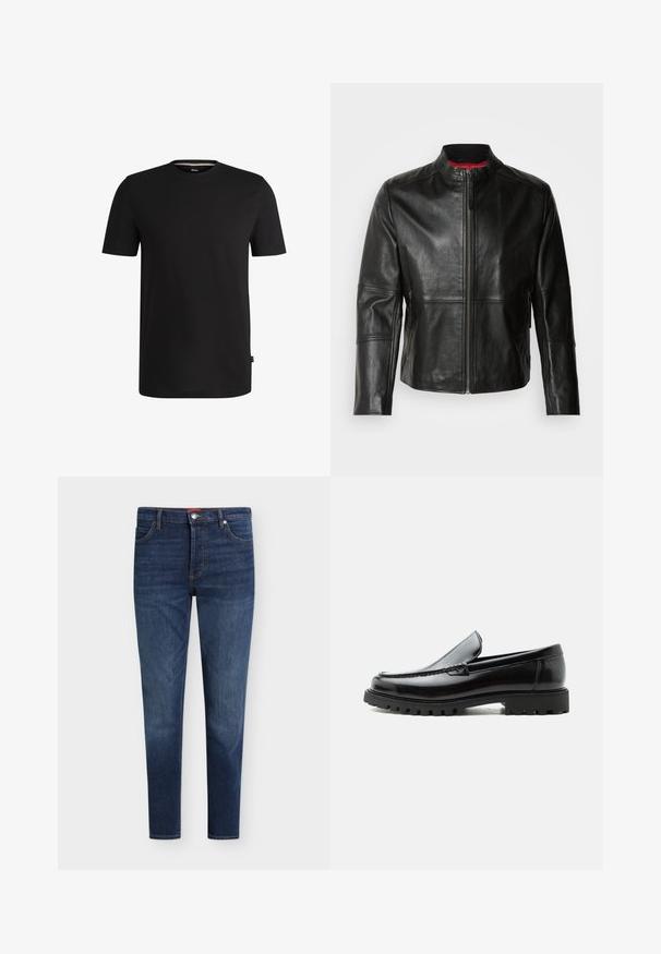 Chaqueta de cuero negra con cuello alto, cremallera frontal y dos bolsillos laterales con cremallera. Textura suave con detalles de costura.; Camiseta corta negra de algodón suave con cuello redondo. Presenta una sutil etiqueta de la marca en el lado izquierdo cerca del dobladillo.; Vaqueros ajustados de color azul oscuro con bolsillos delanteros, trabillas para cinturón, cierre de botón y un sutil desgaste en los muslos y las rodillas.; Mocasín de cuero negro con suela de goma gruesa, empeine cosido y nombre de la marca en relieve en el talón, mostrado en perfil lateral sobre fondo blanco.