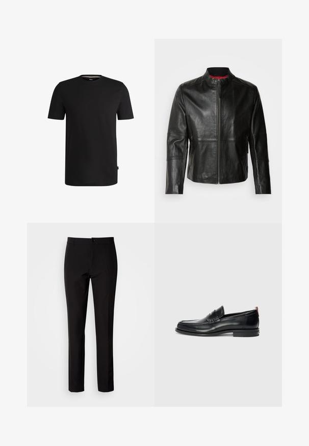 Zwarte leren jas met een staande kraag, voorkant met rits en twee zijzakken met ritssluiting. Gladde textuur met gestikte details.; Zwarte short-sleeve t-shirt gemaakt van soepel katoen met een ronde halslijn. Heeft een subtiele merklabel aan de linkerkant nabij de zoom.; Zwarte broek van gladde stof, met rechte pijpen, een sluiting met knopen aan de voorkant en subtiele zijzakken. Eenvoudige en op maat gemaakte uitstraling.; Zwarte leren loafers met een slank ontwerp, ronde neus, gestructureerd accent op de wreef en een rubberen zool voor grip. Inclusief trekstrip aan de achterkant.