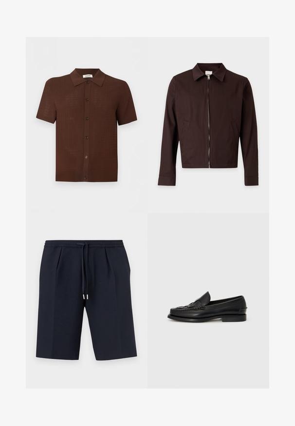 Veste zippée marron foncé pour homme, manches longues, col classique et poches latérales sur fond clair.; Chemise marron à manches courtes avec boutons, motif texturé et col classique, présentée sur un fond clair uni.; Shorts bleu marine longueur genou avec taille élastique et cordon de serrage ajustable avec embouts métalliques, design avant plat.; Mocassin en cuir noir avec un détail tissé à l'avant, bout arrondi et petit talon. Texture lisse et design minimaliste.