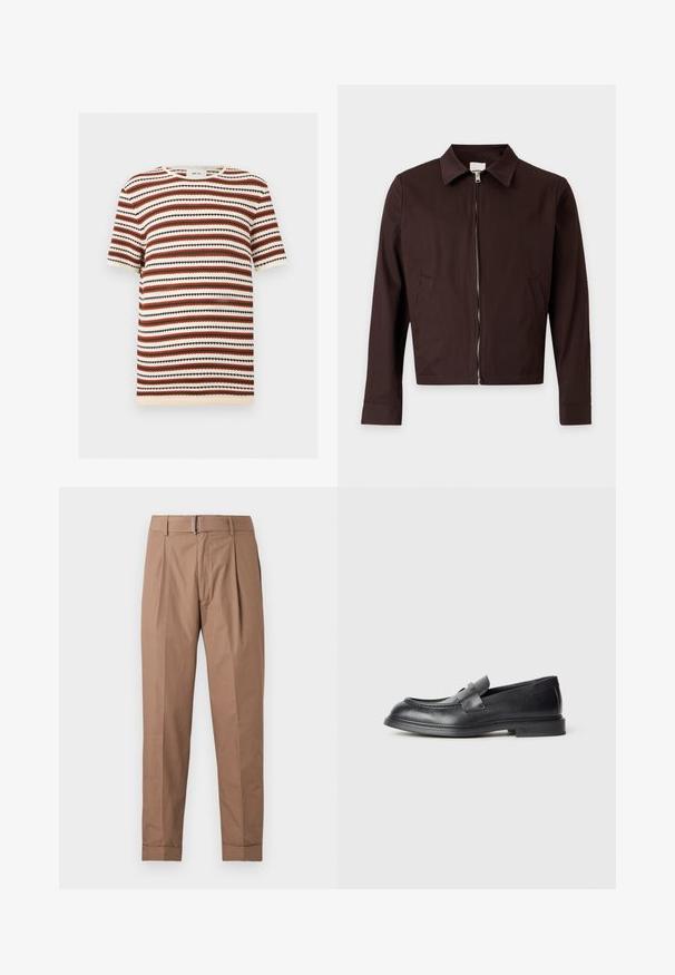 Veste zippée marron foncé pour homme, manches longues, col classique et poches latérales sur fond clair.; Pull tricoté à manches courtes avec des rayures horizontales crème, noir, rouille et vert olive, avec un col rond.; Pantalon beige à jambes droites avec plis, passants de ceinture, ourlets retroussés et ceinture à boucle métallique sur fond blanc.; Mocassins en cuir noir avec une finition texturée, dotés d'une bride décorative à l'avant et d'un bout arrondi. Semelle en caoutchouc pour plus de durabilité.