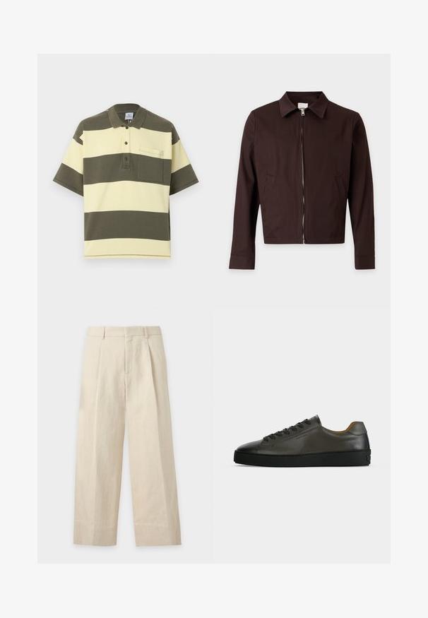 Veste zippée marron foncé pour homme, manches longues, col classique et poches latérales sur fond clair.; Polo à manches courtes avec larges rayures horizontales vert olive et blanc cassé, poche poitrine et patte de boutonnage.; Pantalon beige à jambes larges avec passants de ceinture, plis devant et fermeture avant dissimulée.; Basket basse en cuir gris foncé avec lacets et semelle noirs, design minimaliste, profil latéral sur un fond clair uni.