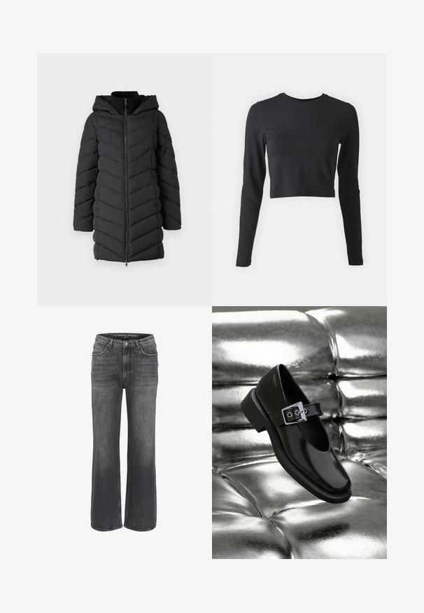 Schwarze gepolsterte Jacke mit Kapuze, ausgestattet mit einem Frontreißverschluss, einem Zickzack-Nähtmuster und langen Ärmeln. Hergestellt aus leichtem, strukturiertem Stoff.; Schwarzes, cropped Langarmshirt aus weichem, elastischem Material. Es hat einen runden Ausschnitt und enganliegende Ärmel, in einfarbigem Design ohne Muster.; Weite Jeans aus dunkelgrauem Denim mit klassischem Fünf-Taschen-Design, genähten Details und einem Knopfverschluss an der Taille.; Schwarze Leder-Mary-Jane-Schuhe mit quadratischer Zehenform, einem silbernen Schnallenakzent und einem robusten, niedrigen Absatz, vor einem glänzenden silbernen Hintergrund.