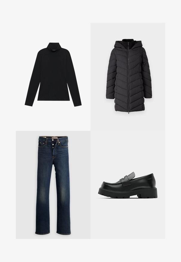 Zwarte gewatteerde jas met een capuchon, voorzien van een ritssluiting aan de voorkant, een chevron-stikselpatroon en lange mouwen. Gemaakt van lichtgewicht, gestructureerde stof.; Zwarte langetermijn turtleneck. Zachte stof, getailleerd design, hoge kraag en zijnaad. Eenvoudige en veelzijdige stijl die geschikt is voor het laagjes dragen.; Donkere blauwe denim jeans met een rechte pijp, vijf zakken, knoopsluiting en subtiele vervaging op de dijen. Klassieke stikdetails.; Zwarte leren instappers met een chunky, gestructureerde zool, voorzien van een band over de voet en een gladde, gepolijste afwerking.