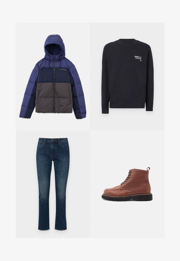 Gepolsterte Jacke mit Kapuze, die ein Farbschema in Dunkelblau, Hellblau und Grau aufweist. Mit Reißverschlusstaschen und verstellbaren Kordelzügen.; Navy Sweatshirt aus Baumwolle mit Rundhalsausschnitt, langen Ärmeln, gerippten Bündchen und einem weißen bedruckten Logo auf der Brust.; Dunkelblaue Denim-Jeans mit schlanker Passform und geradem Bein. Verfügt über fünf Taschen und einen Knopfverschluss. Leichtes Ausbleichen an den Oberschenkeln.; Braune Lederstiefeletten mit runder Zehenform, Schnürverschluss an der Vorderseite und strukturiertem Obermaterial. Sie verfügen über eine Zuglasche und eine robuste schwarze Sohle.