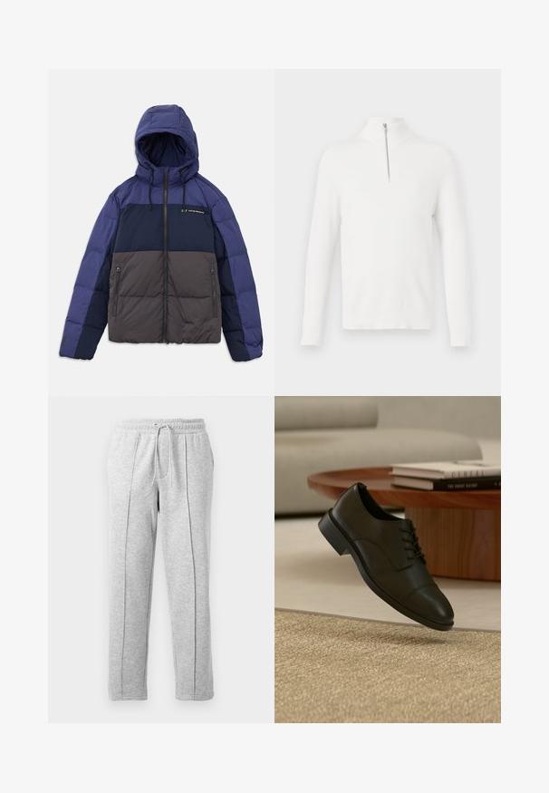 Veste matelassée avec capuche, présentant un design coloré en bleu marine foncé, bleu marine clair et gris. Poches zippées et cordons de serrage ajustables inclus.; Pull à col montant en tricot blanc à côtes, avec des manches longues. Présente un détail zippé argenté à l'avant. Texture douce et coupe ajustée.; Pantalons de jogging gris avec une taille élastique à cordon, jambes droites, coutures latérales et une texture douce. Conviennent pour un usage décontracté ou pour faire du sport.; Chaussure habillée en cuir noir avec des lacets flottant au-dessus d'un tapis texturé beige dans un salon avec une table basse en bois et des livres.