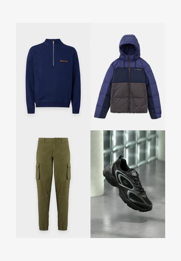 Polstret jakke med hætte, med en farveblokdesign i mørk navy, lys navy og grå. Lavet med lynlås-lommer og justerbare snore.; Navy blå langærmet pullover med kvart-lynlås foran og lille orange tekst på venstre bryst med teksten "Originals Studio."; Olivengrønne cargo-bukser med elastiske manchetter, der har to sidelommer, en frontlukning med knap og et glat, let materiale.; Sort atletiksko med mesh og syntetisk materiale, der har en tekstureret sål, slankt design, sølvdetaljer og snørebånd foran.
